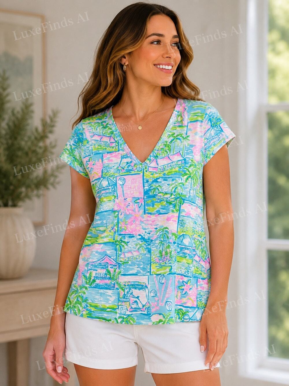 Lilly Pulitzer XXS‎ Printed V-Neck Tunic Top Resort Coastal Palm Tropical Sh Sl
